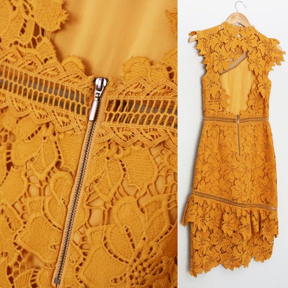 NEW SAYLOR Reine Mustard Yellow Sheath Midi Dress XS Lace Open Back Ruffle  $264 - Picture 12 of 15